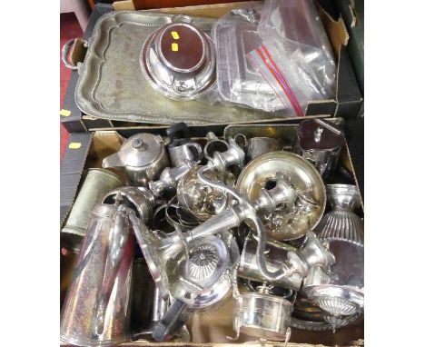 Two boxes of miscellaneous silver plate, to include a late Victorian twin-handled serving tray, entree dishes and covers, thr