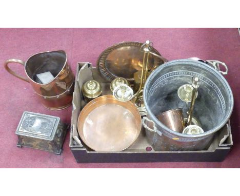 A collection of metalware, to include a pair of twin-branch table candelabra, riveted copper jug, Huntley &amp; Palmers biscu