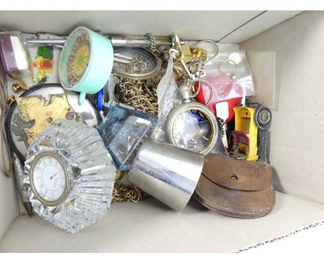 A collection of miscellaneous items to include a gold plated hinged bangle, Waterford crystal mantel clock, various pocket ci