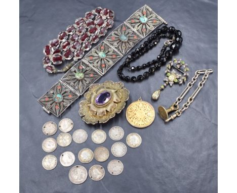 A small selection of vintage jewellery including silver three pennies, amethyst set buckle stamped sterling, silver gilt pend