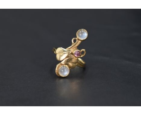 A 9ct gold Artisan style ring having moonstone and foliate decration, size M &amp; approx 3.5g