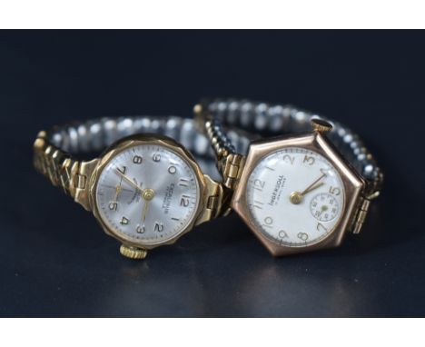 Two ladies vintage 9ct gold wrist watches, both having Arabic numeral dials and gold plated stretch straps
