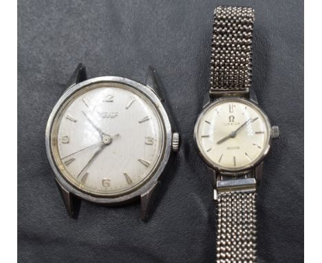 A lady's 1960's Omega wrist watch retailed by Meister having a baton numeral dial to circular face in steel case on a later s