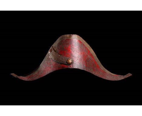 AN INTERESTING FRENCH TOLE PEINTE BESPOKE MILLINER'S TRADE OR SHOP SIGN  EARLY 19TH CENTURY In the form of a red painted and 