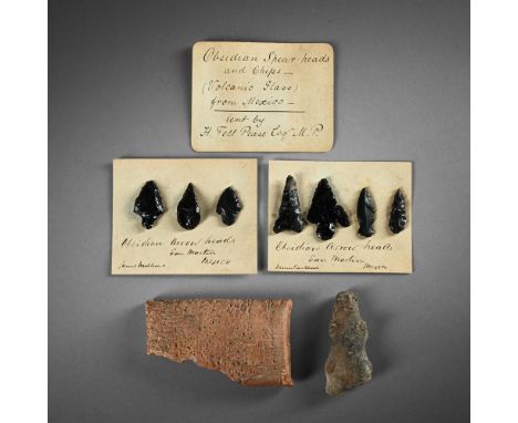 A COLLECTION OF ANCIENT OBSIDIAN ARROW HEADS MEXICO  With old collection labels  largest 4.5cm long   Together with a Terraco