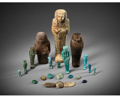 A COLLECTION OF EGYPTIAN WORKS OF ART AFTER THE ANTIQUE TO INCLUDE:  Six Egyptian ushabti, largest 16cm long  Six Egyptian am