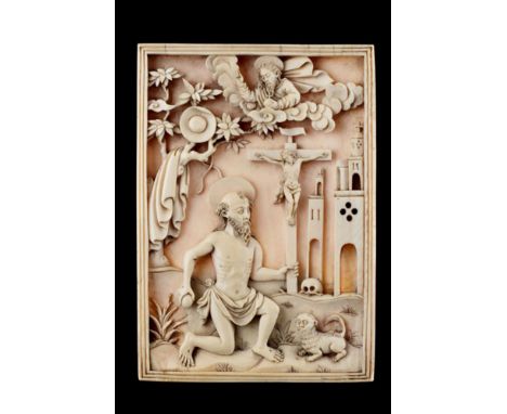 Y  A FINE AND RARE PORTUGUESE MACAO CARVED IVORY DEVOTIONAL PLAQUE  PORTUGUESE MACAO, MID 17TH CENTURY  Depicting St Jerome k