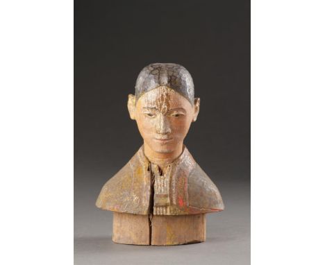 A SERENE CARVED WOOD BUST BURMA OR NORTHERN VIETNAM, 18TH CENTURY OR EARLIER  Original polychrome  20cm high, 15cm wide   Pro