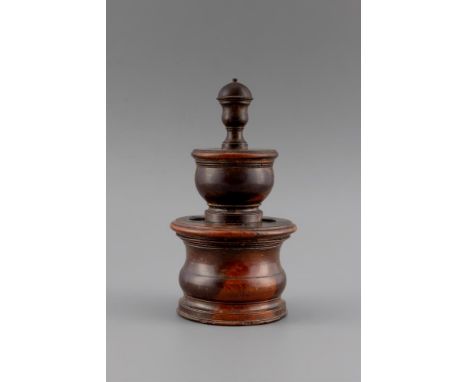 A CONTINENTAL METAL MOUNTED TURNED FRUITWOOD COFFEE GRINDER  18TH/EARLY 19TH CENTURY  21.5cm high, base 10cm diameter   Prove