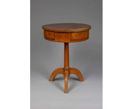 A CIRCULAR CHERRY WOOD DRUM SIDE TABLE  FRENCH OR GERMAN, 19TH CENTURY  Raised upon tripod support  51cm, 64.5cm high    Cond