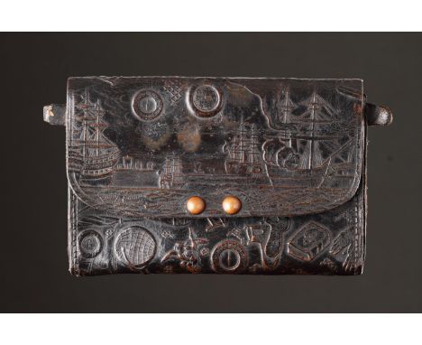 AN UNUSUAL NAMBAN LEATHER WALLET  NAGASAKI, JAPAN, CIRCA 1870S  The whole surface embossed with scenes from daily life 10.5cm