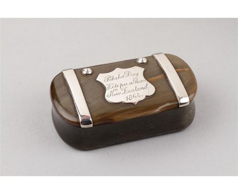 AN INTERESTING SILVER MOUNTED SHEEP'S HORN POCKET SNUFF BOX  NEW ZEALAND, DATED 1864  With Inscription in Māori 'Pakeha Day K