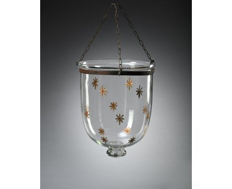 A GLASS HANGING LANTERN WITH GILT ENGRAVED STARS  20TH CENTURY  Of Hundi form, applied metal frame, hanging chains below glas