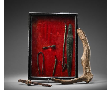 ASSORTED ANTIQUITIES TO INCLUDE: An ancient pick/tool fashioned from a deer antler, old labels, 23.5cm long A bronze (Viking?