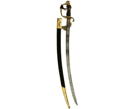 A FRENCH 1ST EMPIRE (?) BLUED AND GILT OFFICER'S SWORD, 72.5cm blade decorated with scrolling foliage and stands of arms, all