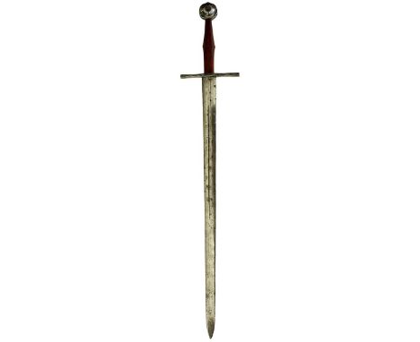 A 14TH CENTURY ITALIAN HAND AND A HALF SWORD OF WAR, 93cm fullered broadsword blade inlaid in yellow metal IND (In Nomine Dom