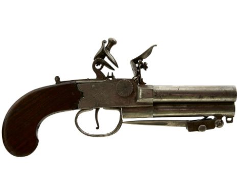AN 80-BORE FLINTLOCK BOXLOCK TRIPLE BARRELLED BAYONET PISTOL, 2.75inch turn-off barrels, border engraved action decorated wit