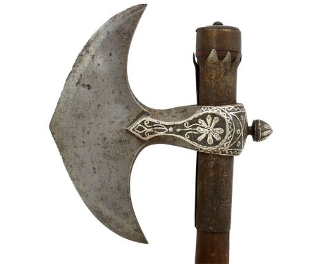 A GOOD QUALITY 19TH CENTURY INDIAN AXE, 15cm polished iron crescent-shaped head with lateral ridge, socket thickly damascened