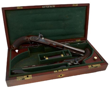 A FINE CASED PAIR OF 28-BORE PERCUSSION DUELLING PISTOLS BY REYNOLDS, 10.25inch sighted octagonal damascus barrels signed Rey