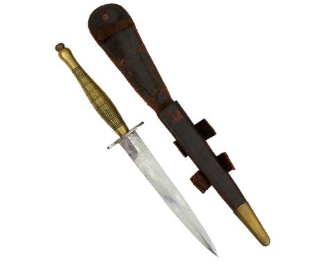 A BEADED AND RIBBED FAIRBAIRN-SYKES COMMANDO KNIFE OR DAGGER, 17cm flattened diamond section blade, regulation brass hilt wit