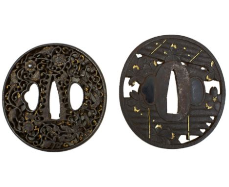 TWO CIRCULAR IRON TSUBA, the first pierced and chiselled with a fence, soft metal details, signed Bushu ju Masatsugu, the sec