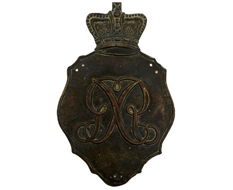 A GEORGIAN SHAKO PLATE, the crowned shield shaped plate with central GR cypher, together with a First War pair of medals to M