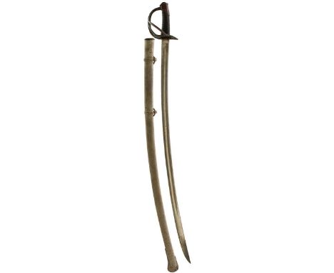 A 19TH CENTURY AMERICAN CAVALRY TROOPER'S SWORD, 91cm curved fullered blade, regulation three-bar brass hilt stamped 91, ribb