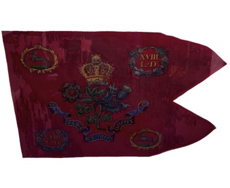 A GEORGIAN PERIOD 18TH LIGHT DRAGOONS HEADQUARTERS GUIDON, the painted red silk body with central crowned flowers of the unio