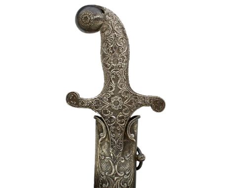 A WHITE METAL MOUNTED INDIAN STYLED PRESENTATION SWORD BY WILKINSON, 78.5cm blade etched with fine panels of scrolling foliag