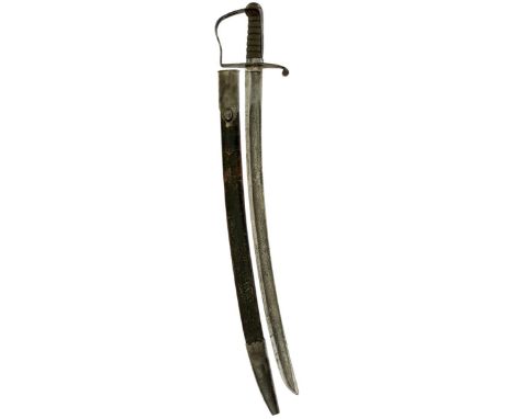 AN INTERESTING GEORGIAN CUTLASS, 63.5cm curved 1796 pattern blade, shortened and sharpened for use, regulation steel stirrup 