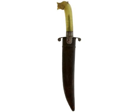 A 19TH CENTURY INDIAN SHIKARI'S HUNTING KNIFE, 20cm broad curved single edge blade cut with a central fuller, iron crosspiece