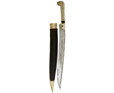 AN EARLY 20TH CENTURY GREEK YATAGHAN OR DAGGER, 34cm re-curved fullered blade with chiselled back edged, decorated with scrol