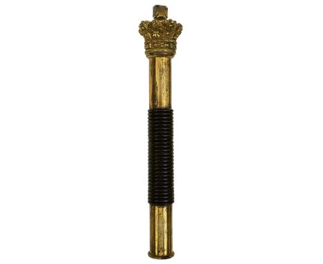 A VICTORIAN GILT BRASS PARKER FIELD &amp; SONS TIPSTAFF, 18.5cm over all length, screw-off crown finial, ribbed wooden grip, 