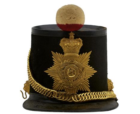 A SCARCE 28TH MADRAS NATIVE INFANTRY OFFICER'S ALBERT PATTERN SHAKO, the black body with patent leather front peak, rear peak