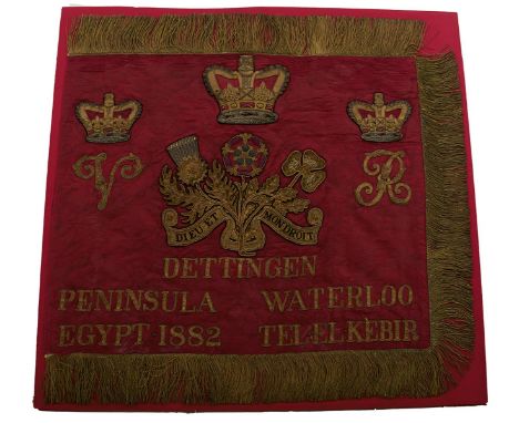 THE LIFEGUARDS UNION STANDARD 1885, the foliate decorated red silk ground with bullion tassel trim to three sides, crowned fl