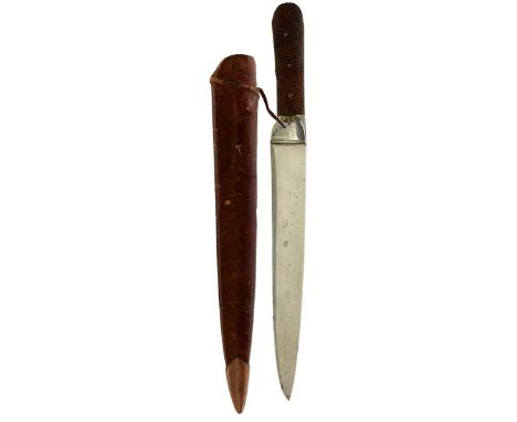 A MID-19TH CENTURY INDIAN SHIKARI'S HUNTING KNIFE, 26cm broad burnished single edge blade, polished iron grip strap and bolst