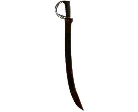 A DUTCH KLEWANG OR MACHETE, 54.75curved clipped back fullered blade, pierced steel hilt, ribbed wooden grip, contained in its