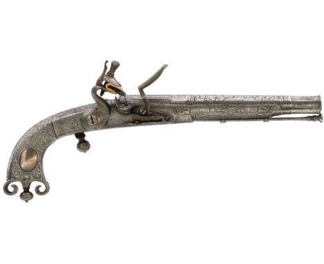 A 25-BORE FLINTLOCK ALL STEEL SCOTTISH BELT PISTOL, 8inch sighted multi-stage barrel decorated with scrolling foliage, border