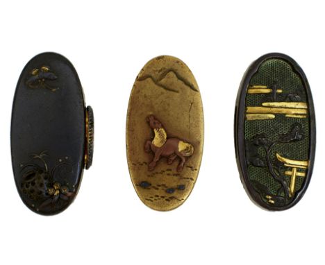 THREE PAIRS OF FUCHI-KASHIRA, the first of shakudo decorated with a tori and presents in the rain, the reverse of the fuchi i