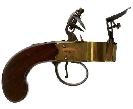 A BRASS FLINTLOCK POCKET TINDER LIGHTER, the brass action engraved BURGON LONDON, ring neck cock, border engraved trigger gua