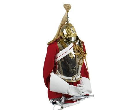 A FULL LIFE GUARD TROOPER'S UNIFORM AND SWORD ENSEMBLE, comprising EIIR helmet, the white metal skull with gilt crowned oak a