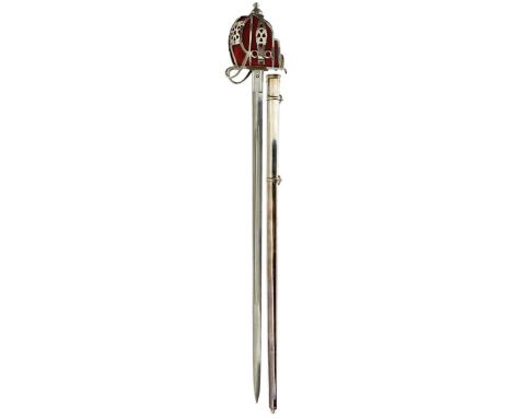 A SCOTTISH NCO'S BASKET HILTED BROADSWORD, 83.5cm double fullered blade, regulation plated basket hilt composed of flattened 