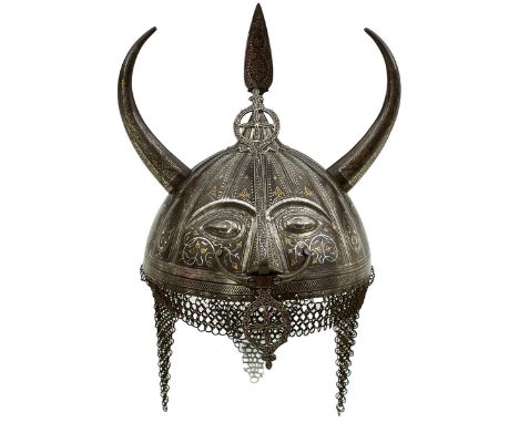 A FINE 19TH CENTURY INDIAN DEVIL'S HEAD KULAH KHUD OR HELMET, the bowl embossed with sixteen vertical convex segments, the fr