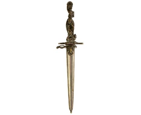 A 19TH CENTURY ITALIAN MOMENTO MORI STILETTO OR DAGGER, 12cm double fullered flattened diamond section blade, the plated bras