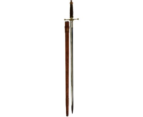 A GEORGE V SCOTTISH OFFICER'S CROSS-BAR BROADSWORD, 81.25cm double fullered blade by Sanderson of Sheffield, etched with scro