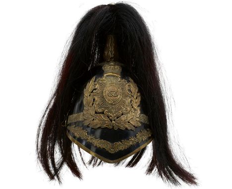 AN 1871 PATTERN QUEEN'S OWN ROYAL YEOMANRY STAFFORDSHIRE TROOPER'S HELMET, the black painted skull with plated brass mounts, 