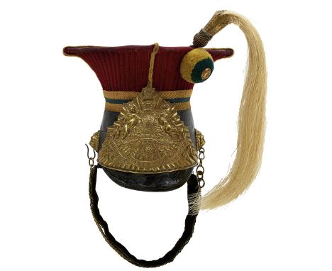 A VICTORIAN SOUTH BUCKS YEOMANRY CAVALRY TROOPER'S LANCE CAP, the patent leather body with red cloth top, brass mounts, the r