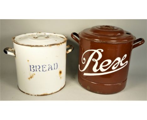 An early white enamel bread bin with lid 31cm diameter, together with a brown enamel example 35cm diameter. (2) 