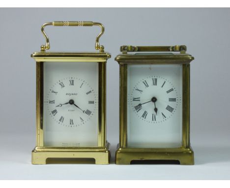 A brass carriage clock, with white enamel dial, lacking one glass panel, 12 cm, and a Bayard 8 day carriage clock 