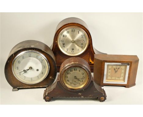 An early inlaid mahogany Westminster chime mantle clock together with a collection of mid Century mantle clocks. (2) 